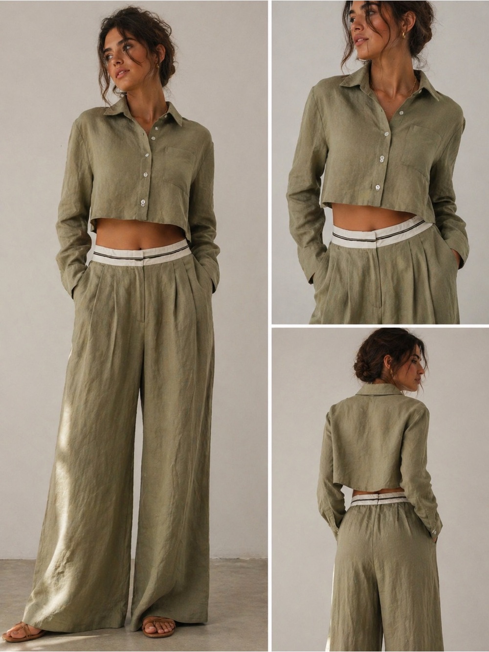 WAYF Olive Green Wide Leg Trouser Set Button Shirt XS Minimal Tailored
